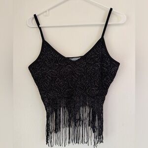 Y2K Tank Crop Top Fringe Goth Grunge Size M Clubbing Sparkle  Black Made in USA
